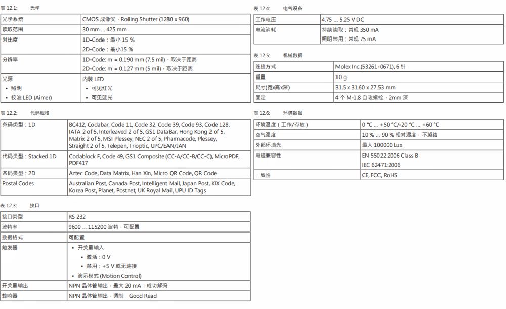 DCR50M2/R2 2D 條碼閱讀器的技術(shù)參數(shù)明細(xì)表