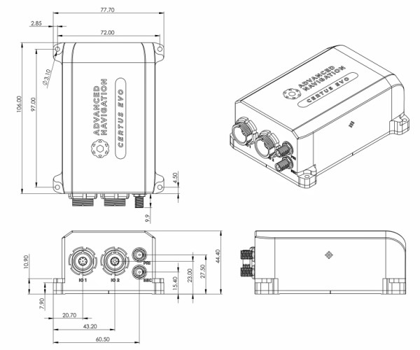 Certus Evo MEMS GNSS/INS 傳感器的尺寸圖