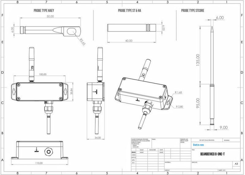 BeanDevice 2.4GHz ONE-T 傳感器的尺寸圖